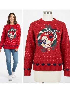 Eddie Bauer Vintage 1989 100% Wool Christmas Sweater Red Duck Wreath Holiday Med